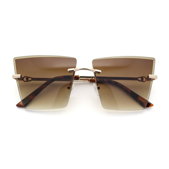 Womens Beveled Large Square Rectangle Rimless Cat Eye Luxury Sunglasses Gold - Brown