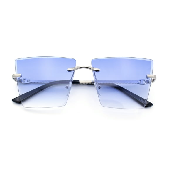 Womens Beveled Large Square Rectangle Rimless Cat Eye Luxury Sunglasses Silver - Blue