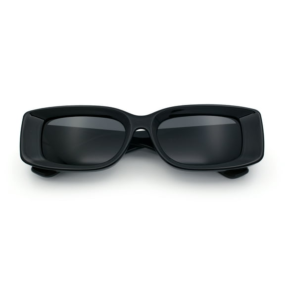 Womens Beveled Rectangle Mod Thick Plastic Fashion Sunglasses All Black