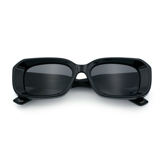 Womens Beveled Thick Plastic Narrow Rectangle Mod Fashion Sunglasses All Black
