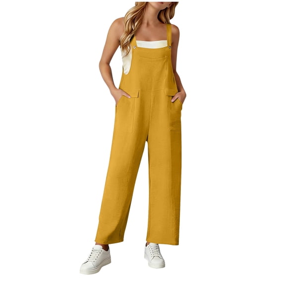 Womens Bib Overalls Cotton Linen Wide Leg Jumpsuits with Pockets Casual Beach Vacation Summer Rompers (S, Yellow)