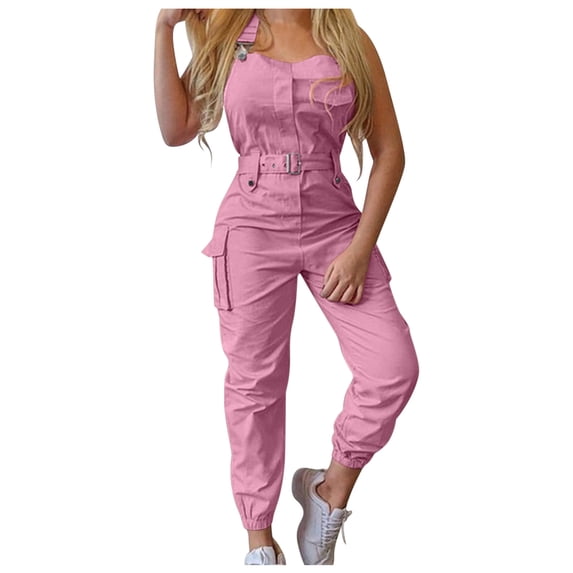 Womens Bib Overalls Womens Solid Color Lightweight Boho Streetwear Rompers Straight Leg Pants With Pockets Pink S