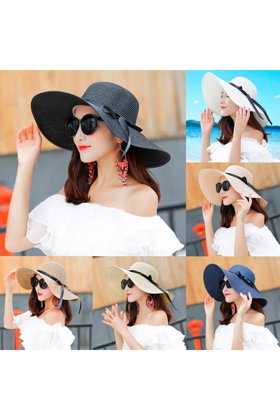 Womens Big Brim Straw Sun Hat Floppy Wide Bowknot Folding Beach Cap
