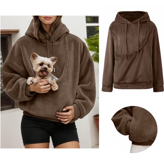 Womens Big Pouch Hoodie Pullover Animal Holder Hood Fashionable Long Sleeve Oversized Pocket Dog Pocket Hoodie Fall Clothes