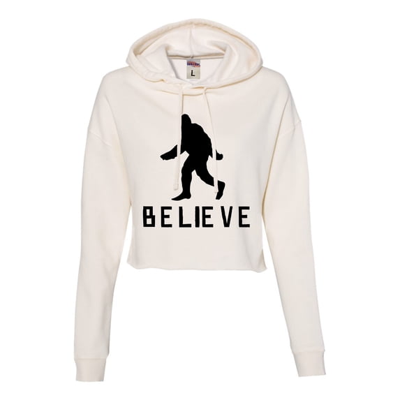 Womens Bigfoot Believe Sasquatch Squatch Cropped Hooded Sweatshirt