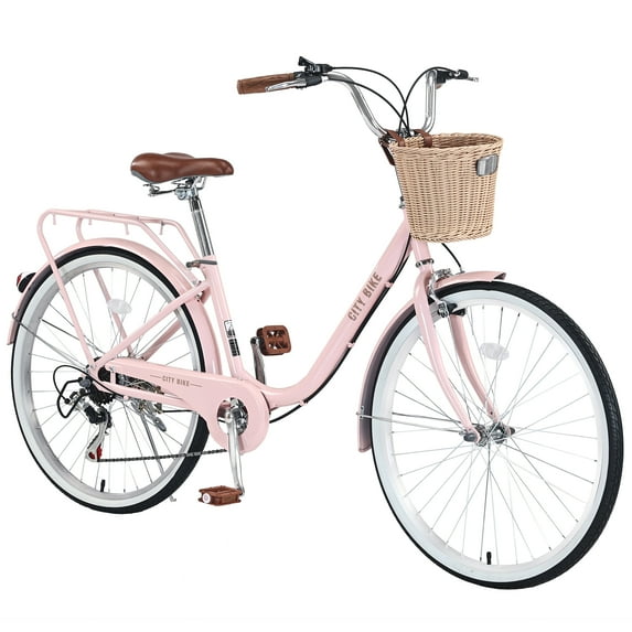 Bicycle for Women 26" Beach Cruiser Bike Shimano 7 Speed Commute City Bike with Basket, Pink