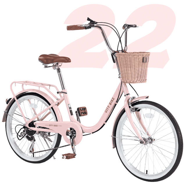 Ambifirner 22" Beach Cruiser Bike, 7-Speed City Bike with Basket ,Step-Through Frame for Commuting, Adult Ladies City Bicycle