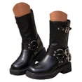 thumbnail image 1 of Womens Biker Motorcycle Mid Calf Boots Square Toe Low Heel Thick Sole Riding Boots with Fashion Buckles Studded, 1 of 7