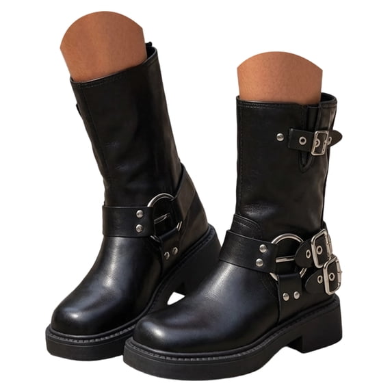 Womens Biker Motorcycle Mid Calf Boots Square Toe Low Heel Thick Sole Riding Boots with Fashion Buckles Studded