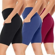 Womens Biker Shorts Leggings Mid Thigh Cotton Thick Yoga Pants Fitness With Pocket,3 Pack