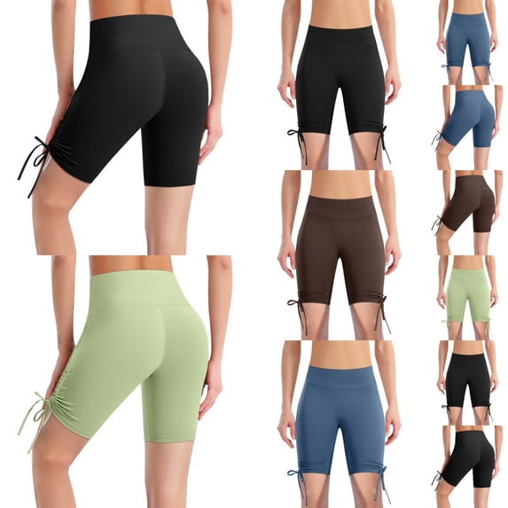 Womens Biker Shorts with Pockets, High Waisted Tummy Control Yoga Shorts for Women Adjustable Side Tie Running Gym and Workout