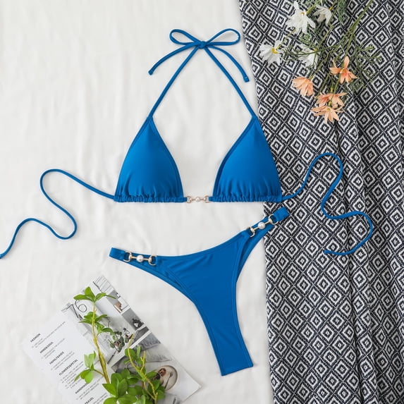 QUNYINEY Womens Bikini 2 Piece Blue Halter High Waisted Triangle Bathing Suits Push Up Tummy Control Womn Swimsuit Sets