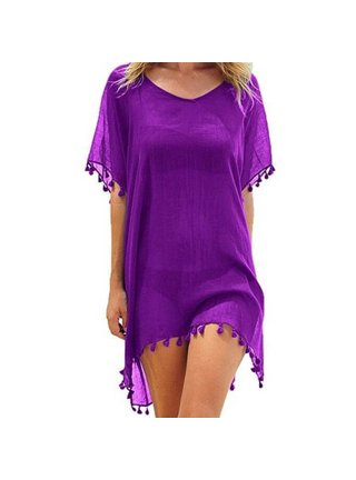 Wander Agio Women's Purple Stripe Hollow Out Swim Cover Up - Bikini Beach Coverup, 32.3 Inch Length