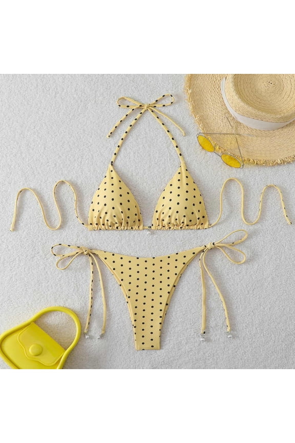 Womens Bikini Polka Dots Print Bikini Sets 2 Piece Swimsuit Halter Triangle Tie Side Bathing Suit Swimwear