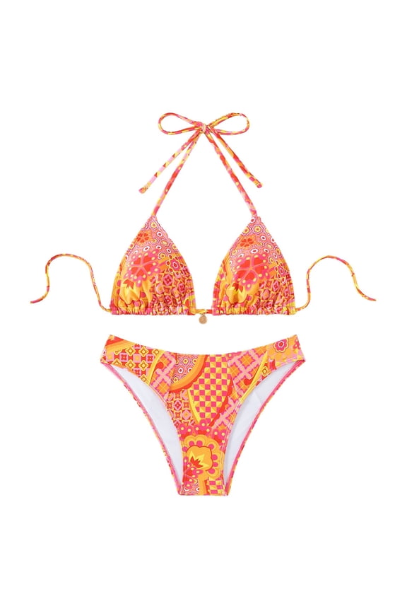 Womens Bikini Printed Triangle Cup Bikini Set Halter Top with Brazilian Bottom Split Swimsuit Beach Vacation Orange M