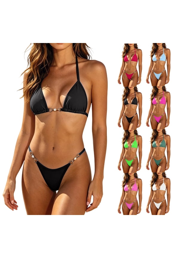 Womens Bikini Set 2 Piece Halter Triangle Bikini Tops for Women Adjustable Tie String Brazilian Thong Bikini Bathing Suit