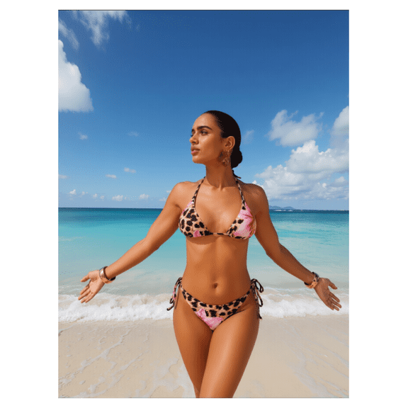 Womens Bikini Set 2 Piece - Pink Leopard Rose Print Halter Swimsuit - Sexy Bathing Suit for Beach, Pool, Vacation, Summer - Adjustable Tie Front Top