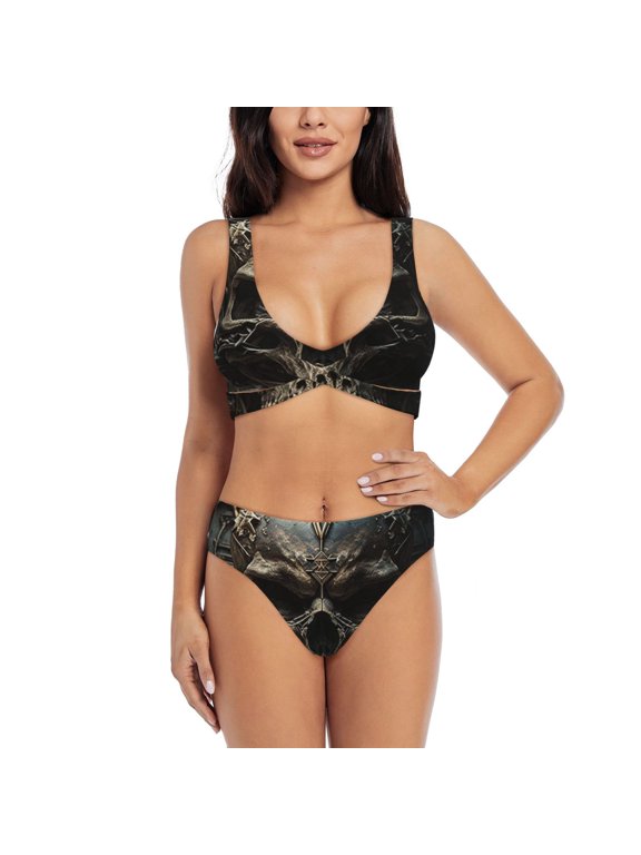 Womens Bikini Set 2 Piece Swimsuits with U Back Beach Swimwear, Cool Skull Head Gothic Death