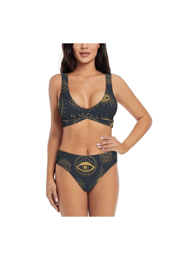 Womens Bikini Set 2 Piece Swimsuits with U Back Beach Swimwear, Gold Evil Eye