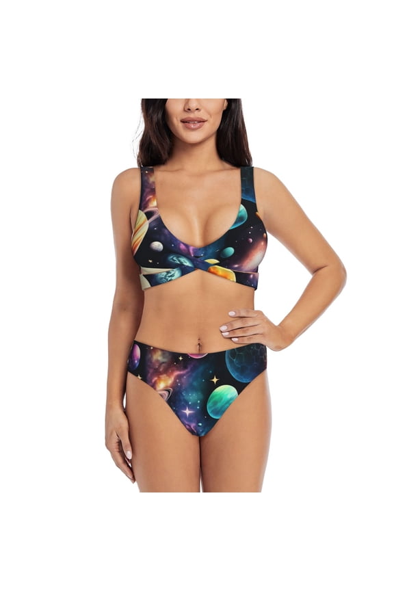 Womens Bikini Set 2 Piece Swimsuits with U Back Beach Swimwear, Planets Galaxy Stars Cosmic Space