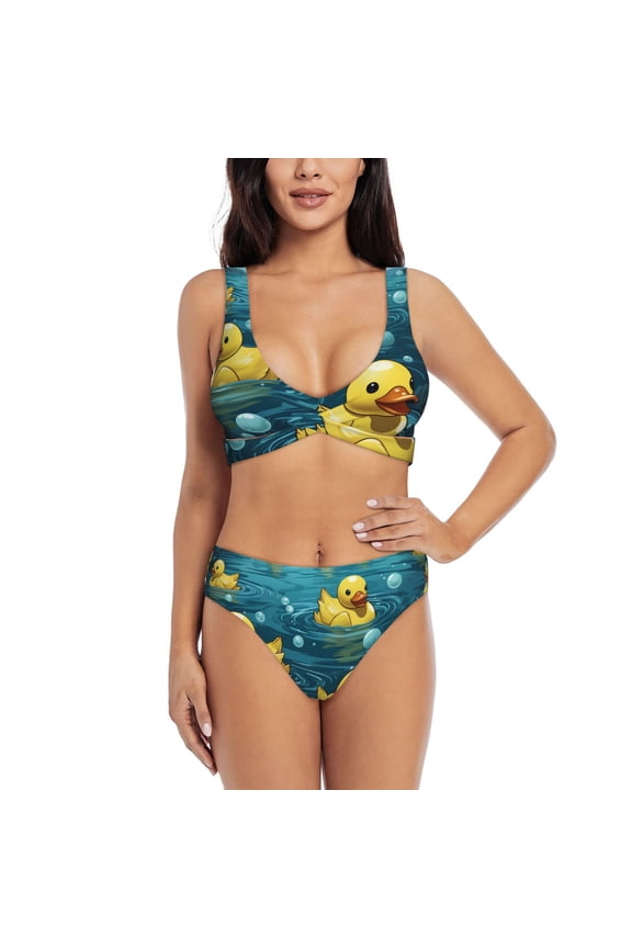 Womens Bikini Set 2 Piece Swimsuits with U Back Beach Swimwear, Rubber Duck Cool Yellow Ducks