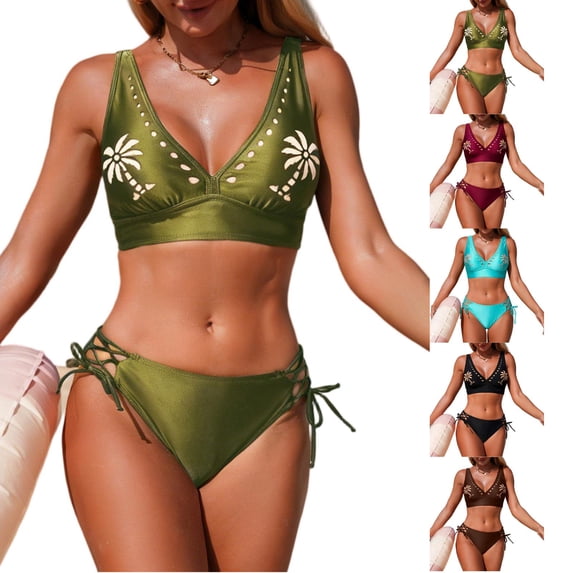 Womens Bikini Set 2026 Two Piece Swimsuit Modest Bathing Suit Print Hollow V Neck Top String Mid Rise Bottom Cyan XL