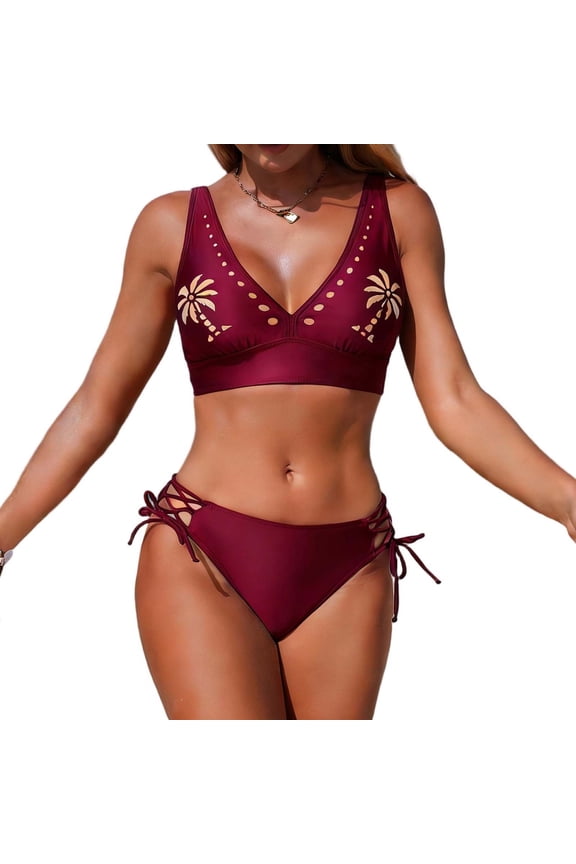 Womens Bikini Set 2026 Two Piece Swimsuit Modest Bathing Suit Print Hollow V Neck Top String Mid Rise Bottom