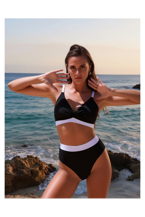 Womens Bikini Set Rose Red & Pink Color Block - High Waisted Two Piece Swimsuit Backless Bathing Suit for Beach, Pool, Vacation, Spring Summer