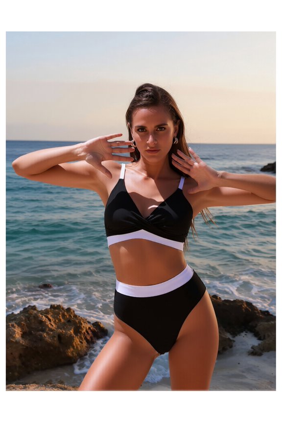 Womens Bikini Set Rose Red & Pink Color Block - High Waisted Two Piece Swimsuit Backless Bathing Suit for Spring Break, Beach, Pool, Vacation