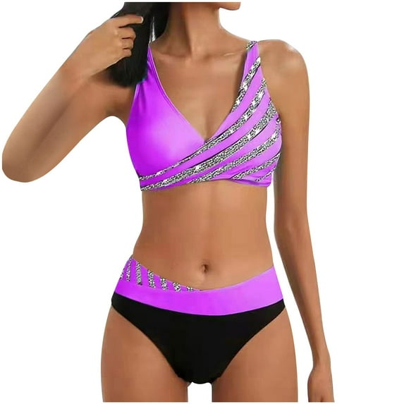 Womens Bikini Sets High Waisted Sporty Two Piece Swimsuits Color Block Cheeky High Cut Bathing Suits