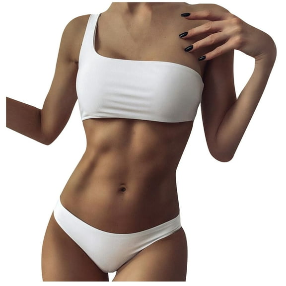 Womens Bikini Sets Solid Color One Shoulder Bikini Plain White Asymmetrical Low Waist Swimsuit