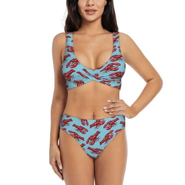 Womens Bikini Sets Two Piece, Red Lobster Print Blue Cross Design Swimsuit High Waisted Bathing Suit For Women 2024