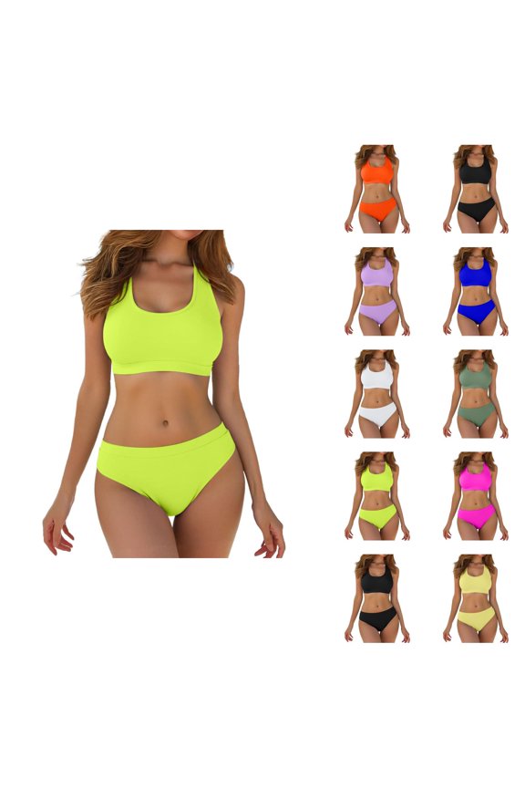 Womens Bikini Solid Color Sports Bikini Set Two Piece Tankini Swimwear Athletic Bathing Suit for Summer Beach Swimming and Training