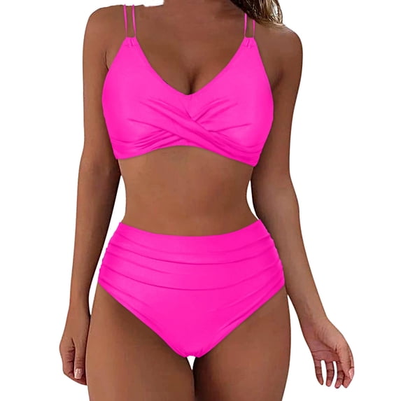 Womens Bikini Swimsuits Double Shoulder Crisscross Tie Back Swim Top with Bottom Tummy Control Bathing Suit