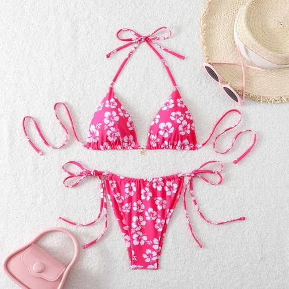 Womens Bikini Swimsuits Halter Thong Bikini Tie Sides Bottom Cherry Printed Triangle Bikini Swimsuits
