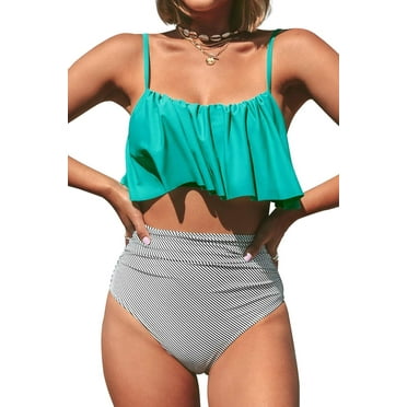 Womens Bikini Swimsuits Set 22 Piece Bikinis Swimwear Shoulders Push up Bathing Suits Women's High Waisted Falbala Bikini Set-M