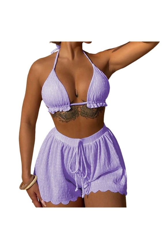 Womens Bikini Swimsuits Sevevn Women's Bikini Swimsuit Three-piece Set Halter Loose Shorts Beach Bathing Suit Purple L