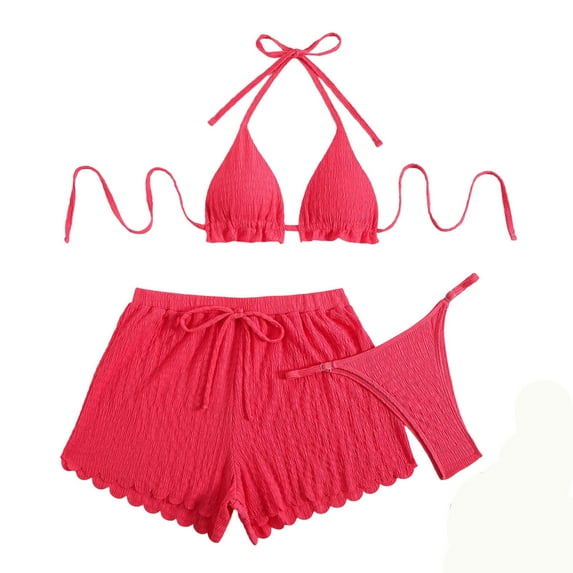 Womens Bikini Swimsuits Sevevn Women's Bikini Swimsuit Three-piece Set Halter Loose Shorts Beach Bathing Suit Watermelon Red S