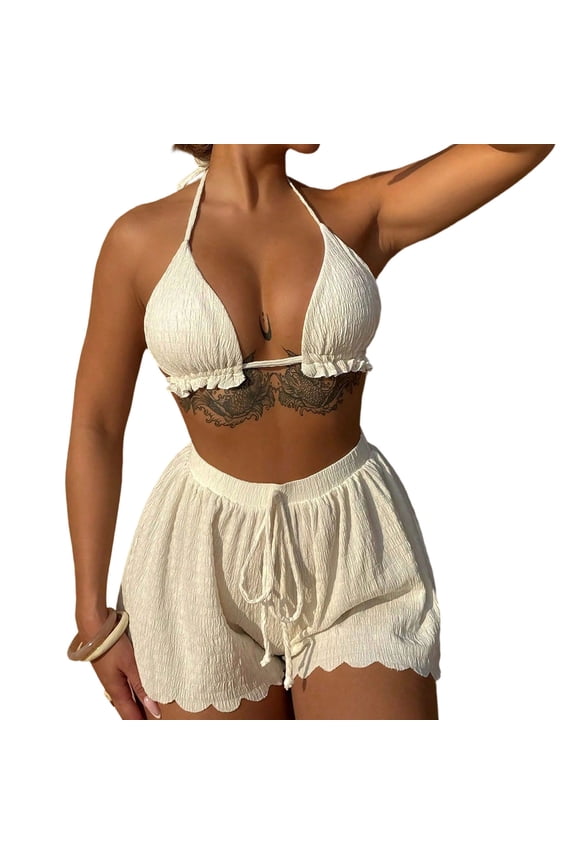 Womens Bikini Swimsuits Sevevn Women's Bikini Swimsuit Three-piece Set Halter Loose Shorts Beach Bathing Suit White L