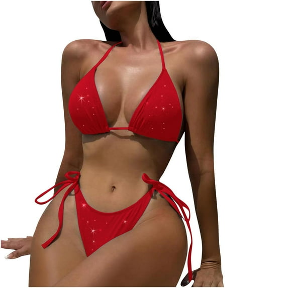 Womens Bikini Swimsuits Sevevn Women's Metallic Shiny Bikini Sets Sequin Glitter Swimsuit Adjustable Side Tie Thong Bathing Suit Triangular Top Red S