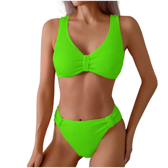 Womens Bikini Swimsuits V Neck Ruched Two Piece Swimwear Tummy Control Bathing Suits Summer Beach Clothes