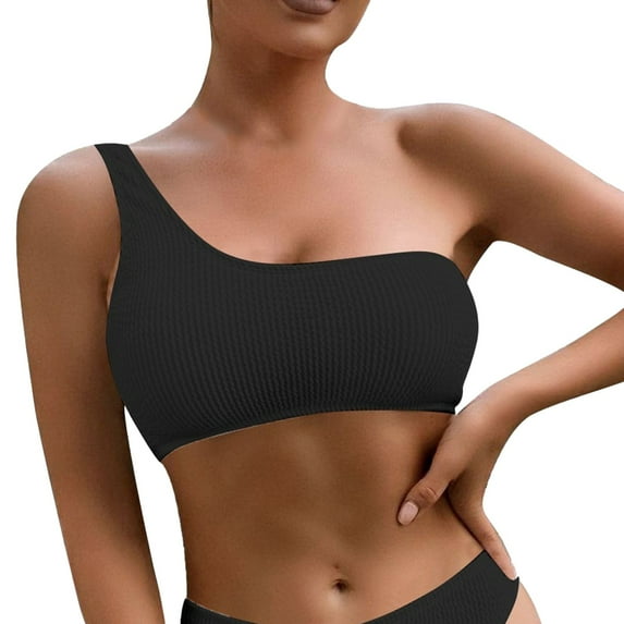 Womens Bikini Top One Shoulder Ribbed Padded Bathing Suit Bandeau Swimwear Top Only Black L