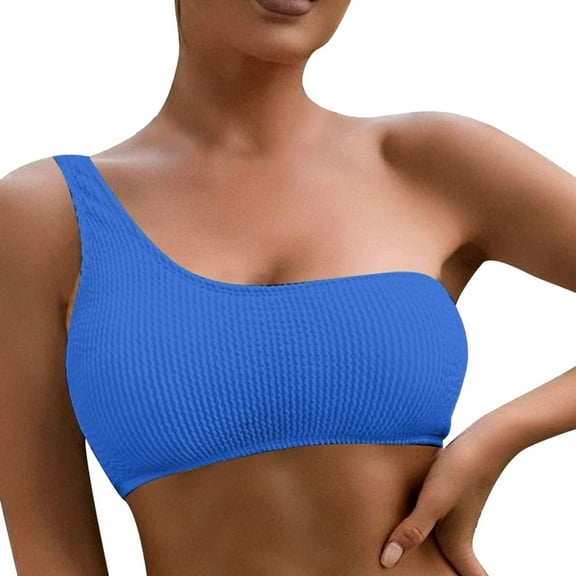 Womens Bikini Top One Shoulder Ribbed Padded Bathing Suit Bandeau Swimwear Top Only Blue L