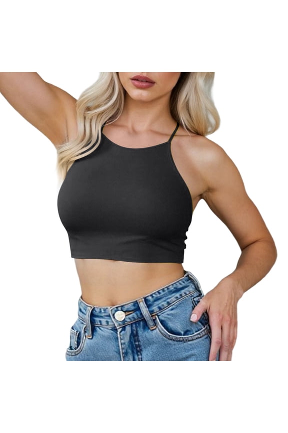 Womens Bikini Top Women's Solid Color Vintage Neck Tie Knot Back Soft Padding Bikini Top Swimsuit Bathing Suit Top Black XL