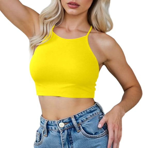 Womens Bikini Top Women's Solid Color Vintage Neck Tie Knot Back Soft Padding Bikini Top Swimsuit Bathing Suit Top Yellow XL