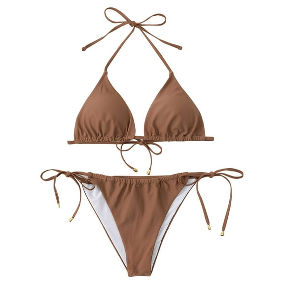 Womens Bikinis Brown Color Belt Pad No Steel Support Fashion Sexy Tie Split Backless Swimsuit Swimsuit