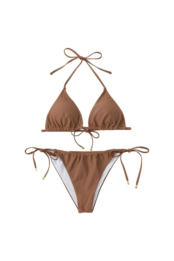 Womens Bikinis Brown Color Belt Pad No Steel Support Fashion Sexy Tie Split Backless Swimsuit Swimsuit