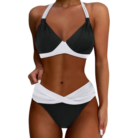 Womens Bikinis Solid Color Halter Sexy Elastic Push Up Bra And Panty Swimsuits Set Vintage Two Piece Tankinis Swimsuits Set Swimwears Holiday Wear,Black,Xxl
