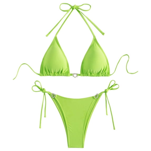 Womens Bikinis Solid Color Lace Up Halter Sexy Fashion Brassiere With Thongs Two Piece Brazilian Swimsuits Set Swimwears Sportwear,Green,L