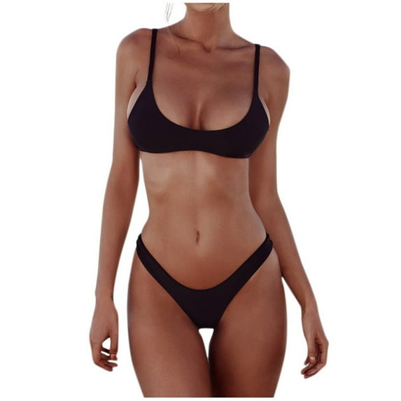 Womens Bikinis Solid Color Spaghetti Strap Sexy Brassiere With Thongs Two Piece Brazilian Swimsuits Set Swimwears Sportwear,Black,S
